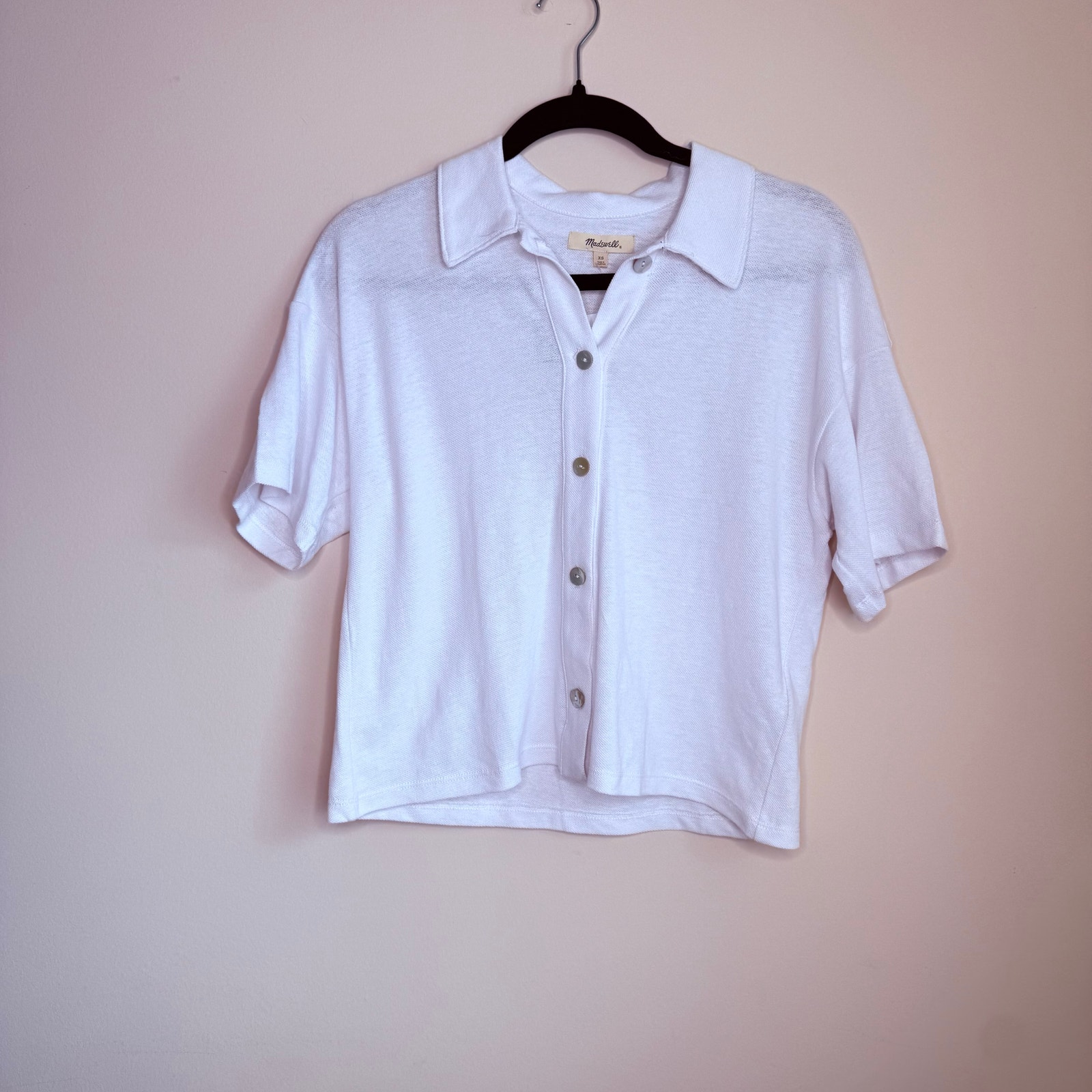 Madewell Xs White Hemp Cotton Button Front Collared Short Sleeve Top
